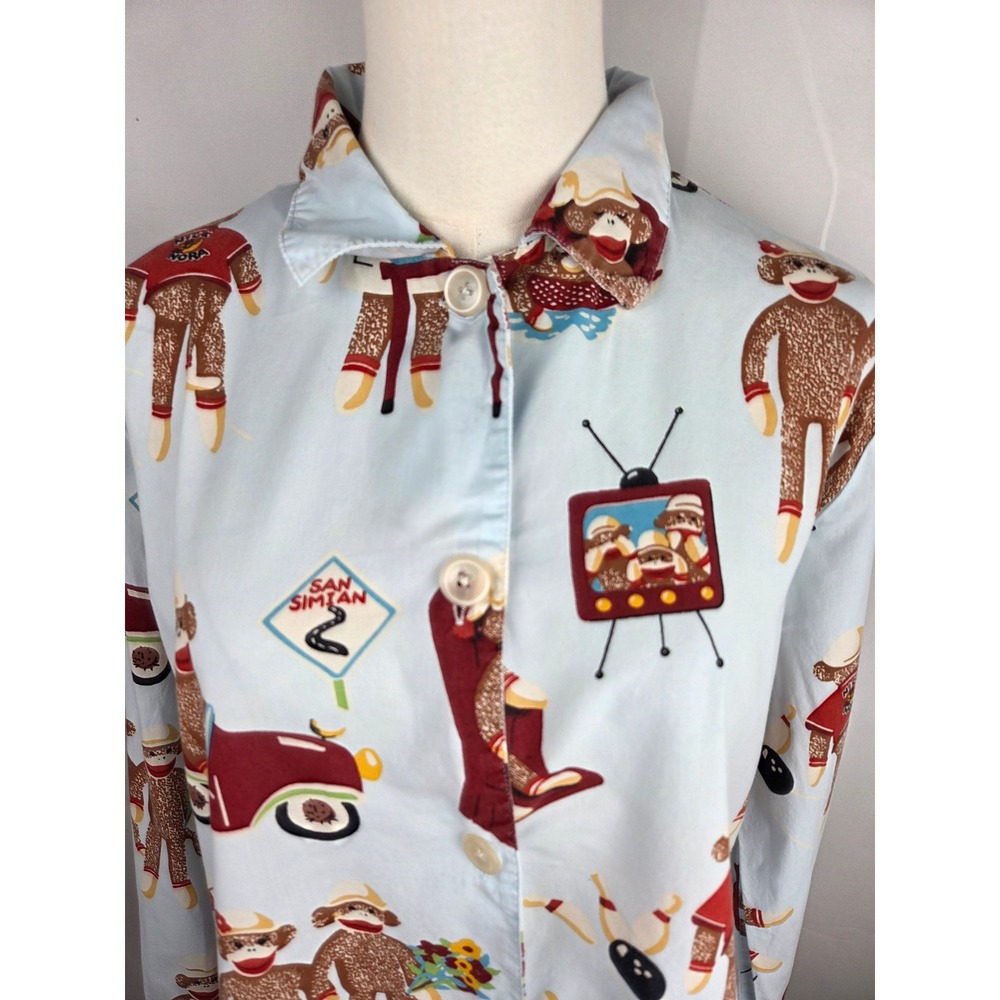 Nick & Nora Pajama Top L Blue Sock Monkey Button Front Sleep Shirt VTG Cotton - Picture 5 of 12